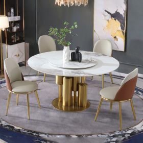 Modern Marble Dining Table with Removable Turntable, 59" Round Sintered Stone Table with Stainless Steel Base (Color: as picture)